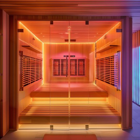 Wooden sauna interior with warm lighting. Wellness and relaxation concept for interior design, brochure, or poster
